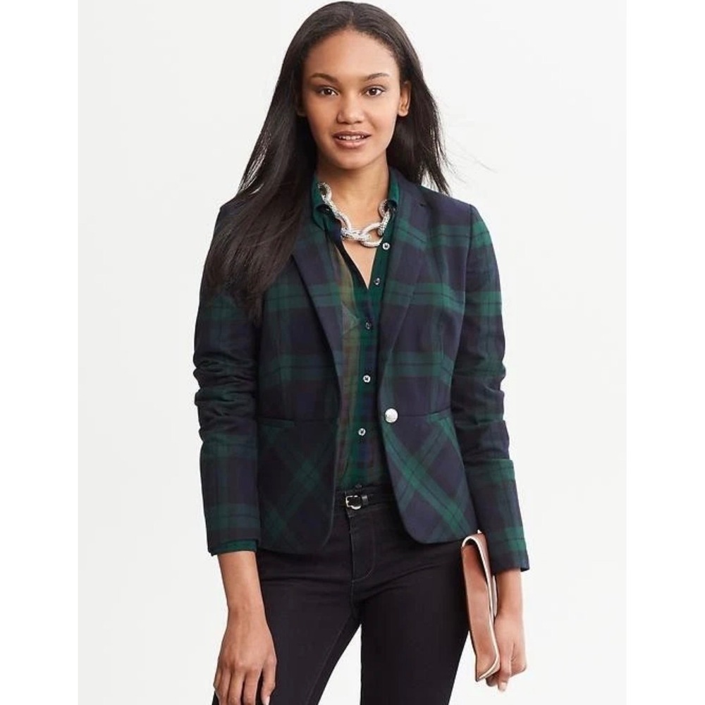 Banana Republic Women 2 Black Watch Plaid Blazer Dark Academia Navy Green Jacket